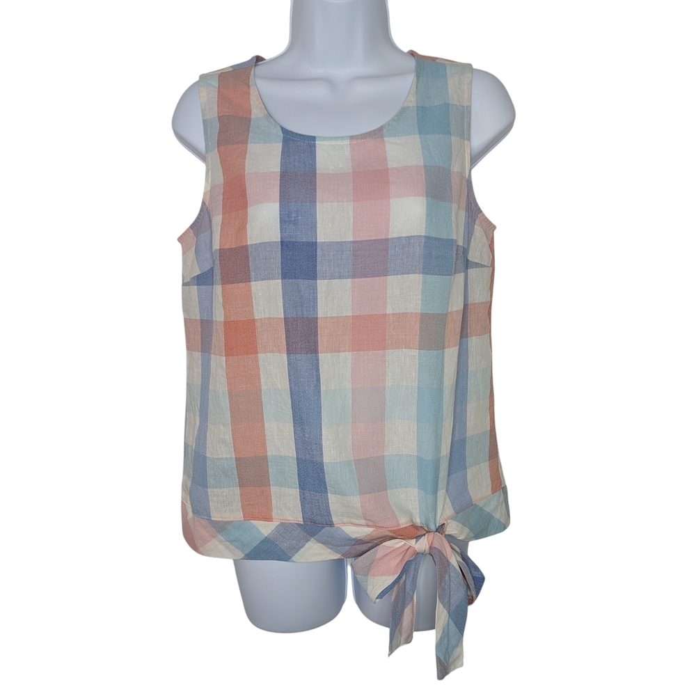 J. Crew Pastel Plaid Reds White And Blues Tie-Hem Top